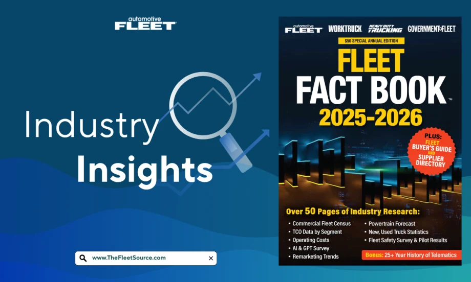 A Fleet Fact Book thumbnail rests on a blue background with arrows and a search bar next to it.