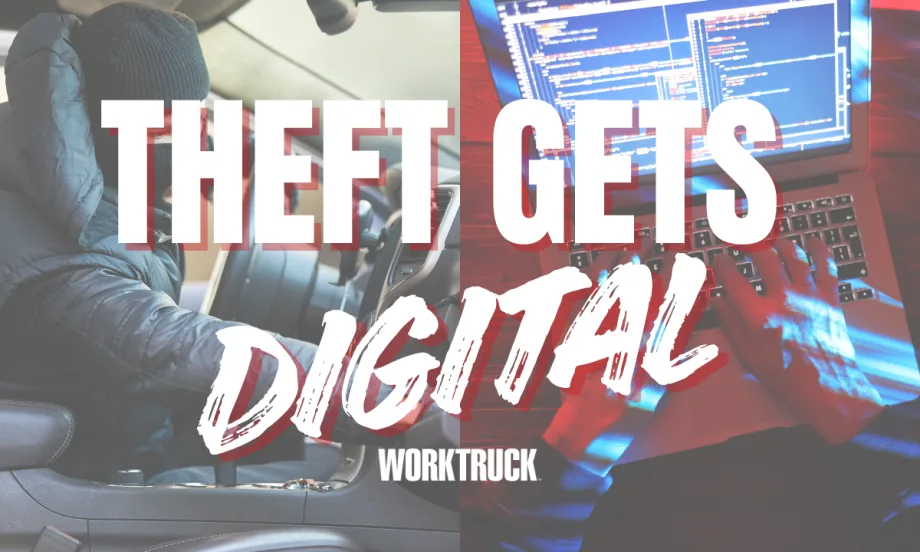 Split image showing a person in a hooded jacket attempting to steal a vehicle on one side and hands typing on a laptop with code on the screen on the other, the rise of digital and cyber-theft