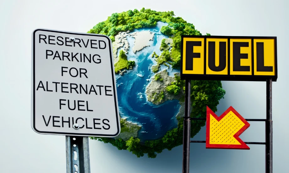 A sign for alternate-fuel vehicle parking next to a fuel sign and an illustrated Earth, representing fleets balancing EV, hybrid, propane autogas, and diesel strategies in 2025.