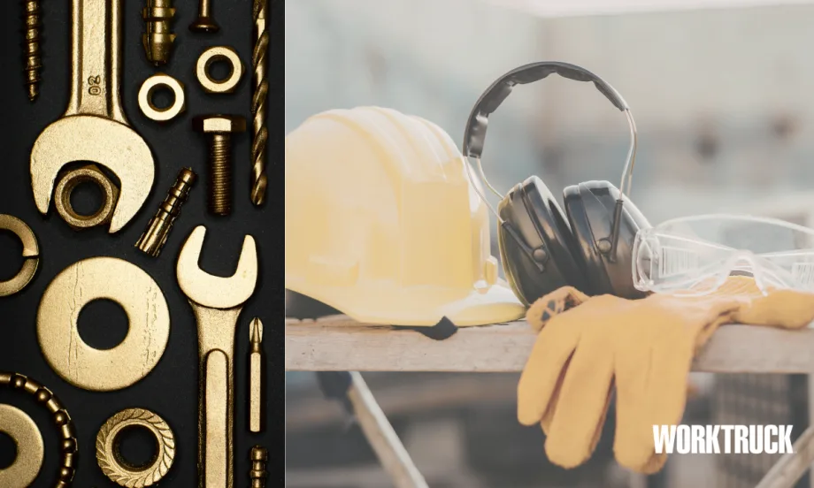 Gold tools and PPE including a hard hat, gloves, ear protection, and safety glasses, representing fleets improving worker support, safety, and day-to-day job tools in 2025.