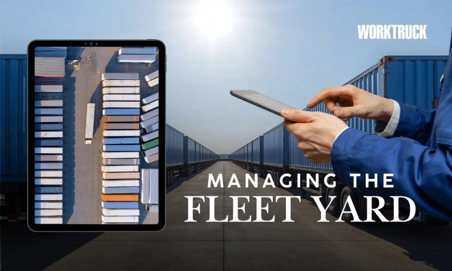 Work Truck graphic showing a tablet with a packed vehicle yard and hands using a mobile device, with “Managing the Fleet Yard” text, representing tech-driven yard operations and workflow control in 20
