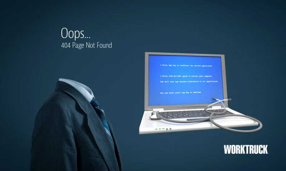 Work Truck graphic showing a headless suit facing a laptop with a blue error screen and stethoscope, alongside “404 Page Not Found” text, symbolizing broken, disconnected fleet technology systems.