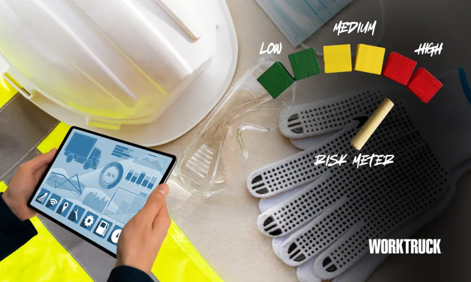 Work Truck image showing safety gear, gloves, hard hat, and a tablet dashboard beside a color-coded risk meter labeled low to high, illustrating how fleet safety and risk management are becoming opera