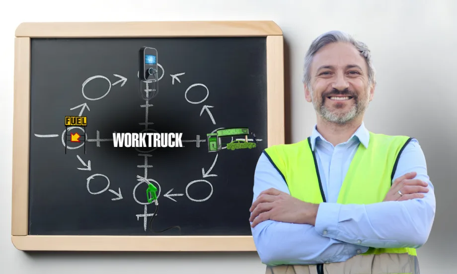 Work Truck image of a fleet leader in a safety vest beside a chalkboard diagram showing fuel, EV charging, and biofuel paths, representing a flexible powertrain playbook for fleet planning in 2026.