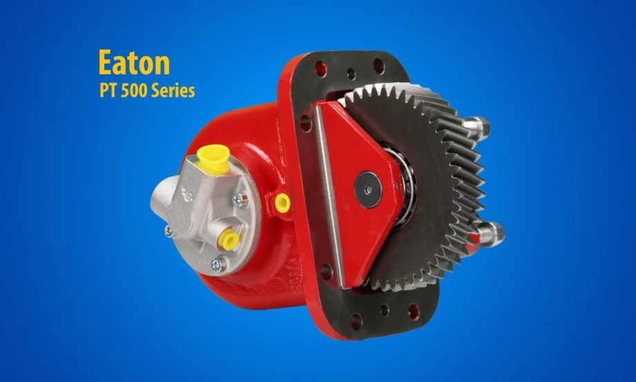 Image of a red PTO against a blue background with inset yellow text for Eaton PTO 500 Series.