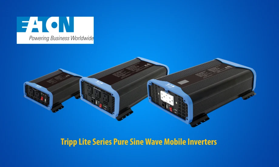 Three power invertors in front of a blue background an a company logo for Eaton.