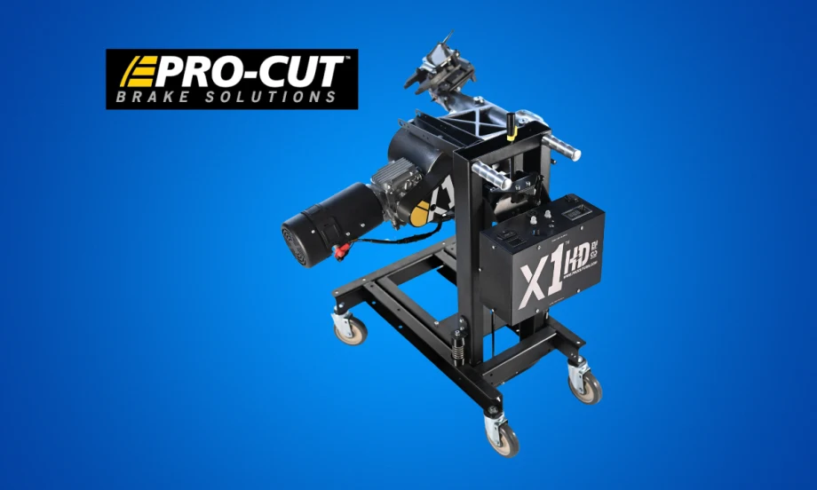 Brake lathe on blue background with logo for Pro-Cut Brake Solutions.