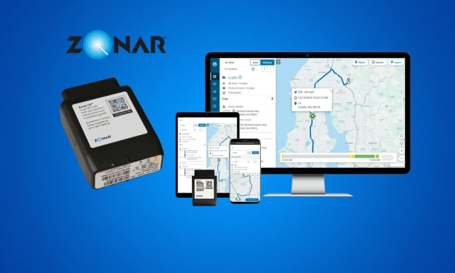 Image of telematics control unit and computer, tablet, and phone screens against a blue background with logo for Zonar.