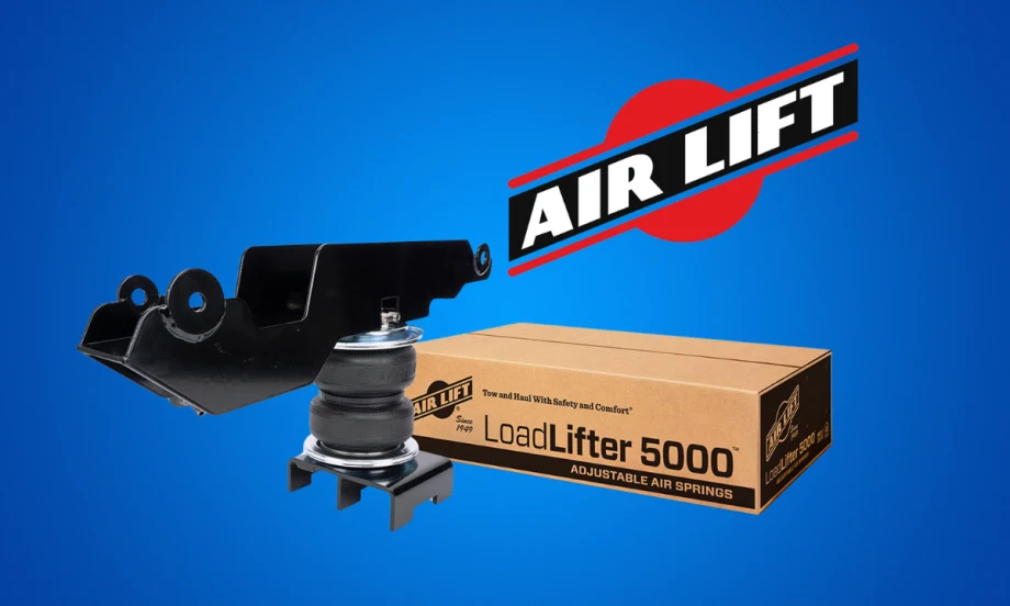 Image of a suspension kit, the box it comes in, and logo for Air Lift, all on a blue background.