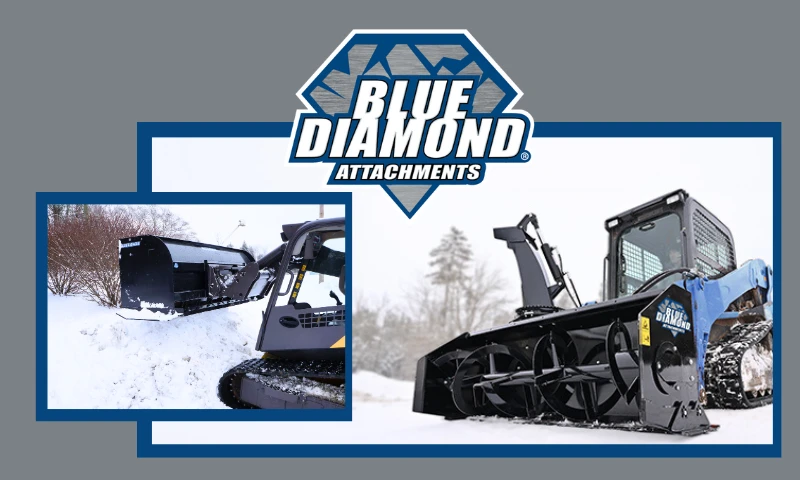 Photo of a snow blower on a skid steer, another snow pusher bucket, and a logo for Blue Diamond Attachments.