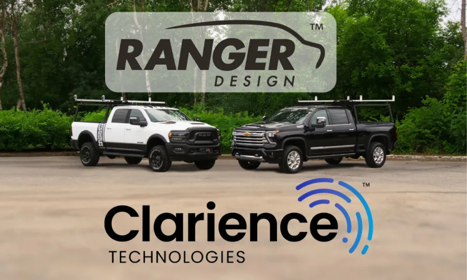 Two work trucks with ladder racks parked, with logo for Ranger Design above and logo for Clarience Technologies below.