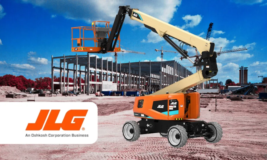 Electric boom lift at a construction site, logo for JLG Industries.