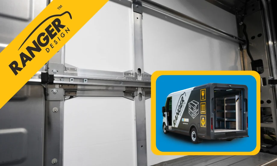 Inside view of a delivery van with a mounting track on the wall and inset image of the exterior view of the van.