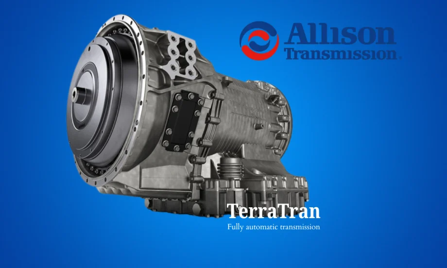 Truck transmission against a blue background and inset logo for Allison Transmission.