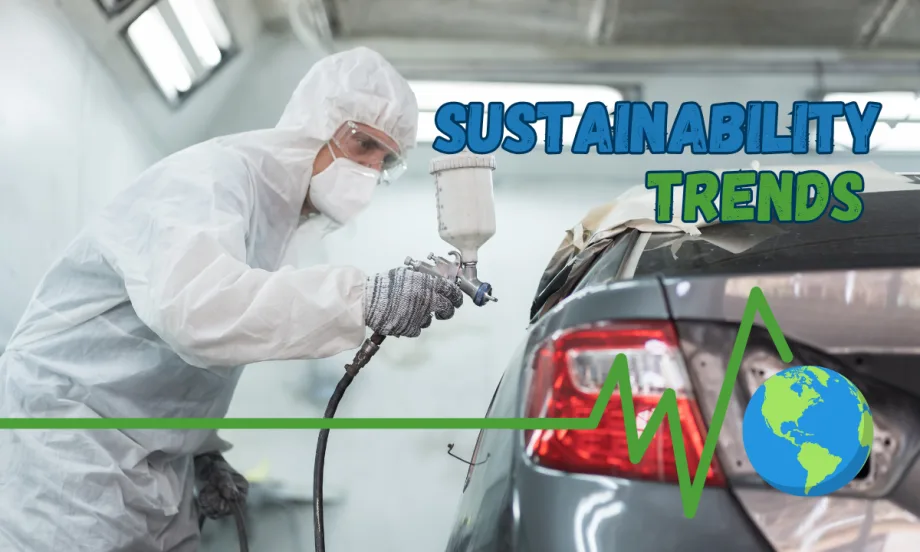 Automotive paint technician spraying paint onto a vehicle with words Sustainability Trends.