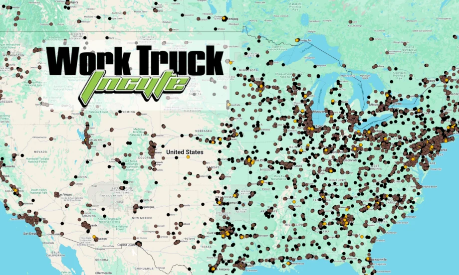 Map of the US with lots of location dots on the map and logo for Work Truck Incyte.