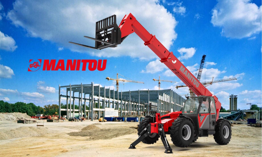 Orange telehandler extended at a construction site, inset company logo for Manitou.