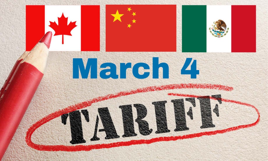Image that shows the work Tariff, circled in red pencil, with red pencil to left side, flags of Canada, China, and Mexico at the top. In the center, in blue, is date of March 4.