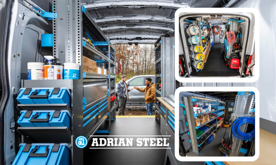 Background image of shelving inside a cargo van with two smaller inset images of shelves and a logo for Adrian Steel.