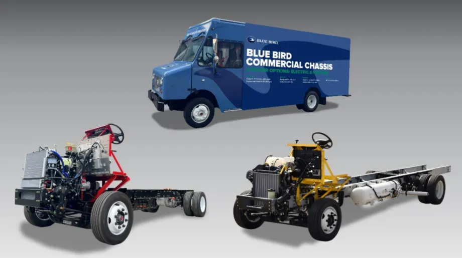 Image of a Blue Bird step van at top, and two chassis in the bottom of the image.