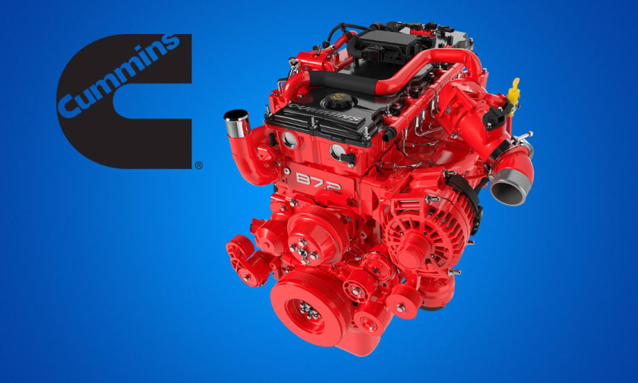 Red diesel engine against a blue background with logo for Cummins.