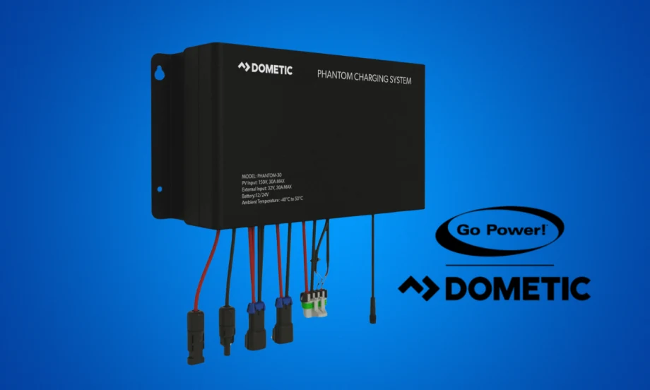 Blue background with a black box-like object with wires hanging down, and logos for Go Power! and Dometic.