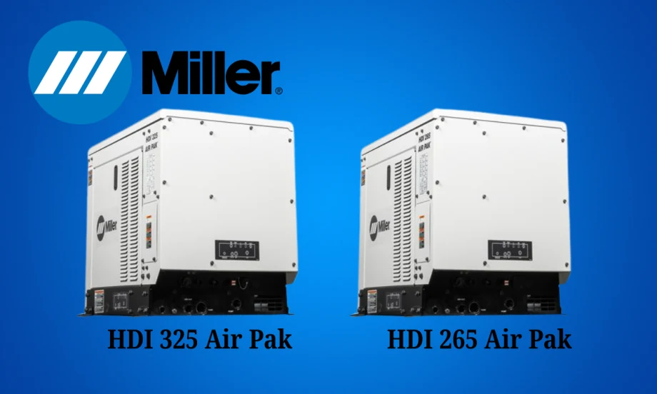 Blue background with cut out images of white mechanical boxes that are welders and air compressors all in one unit. Logo for Miller Electric.