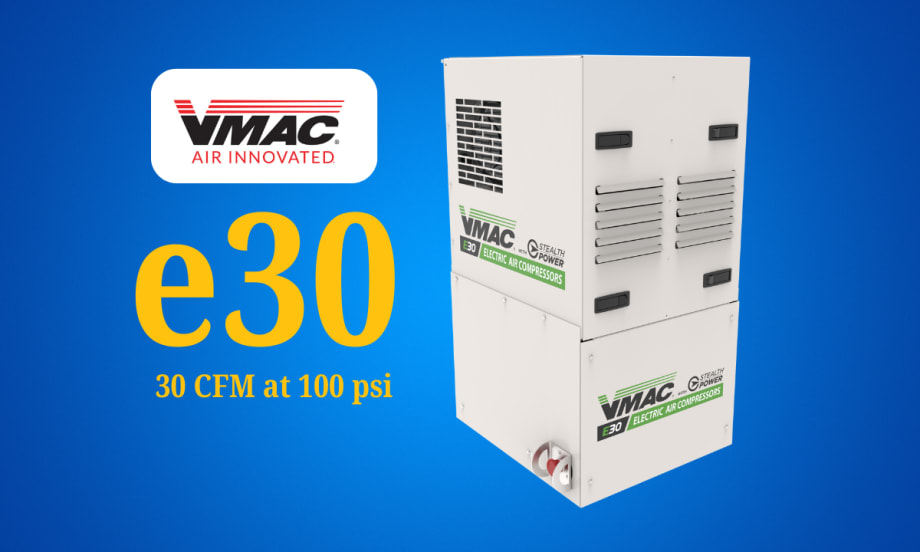 Blue background with logo for VMAC and a photo of a white box-shaped air compressor, with text that says e30.