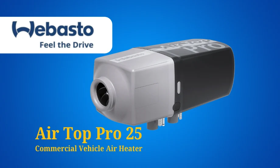 Image of an air heater for commercial vehicles, and a logo for Webasto.