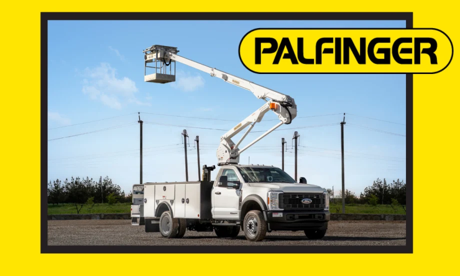utility truck with boom extended against a blue sky, surrounded by yellow background and logo for Palfinger.