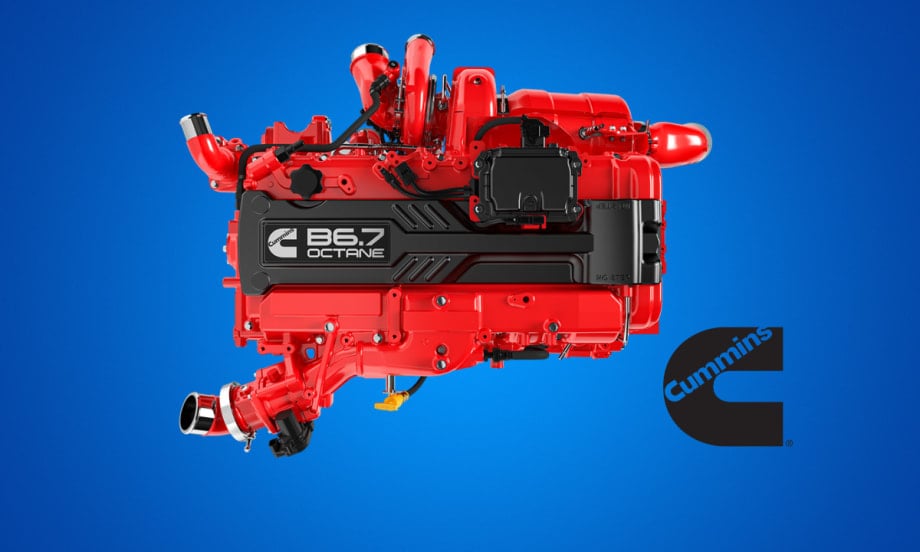 Red gasoline engine viewed from the side set against a blue background and a logo for Cummins.
