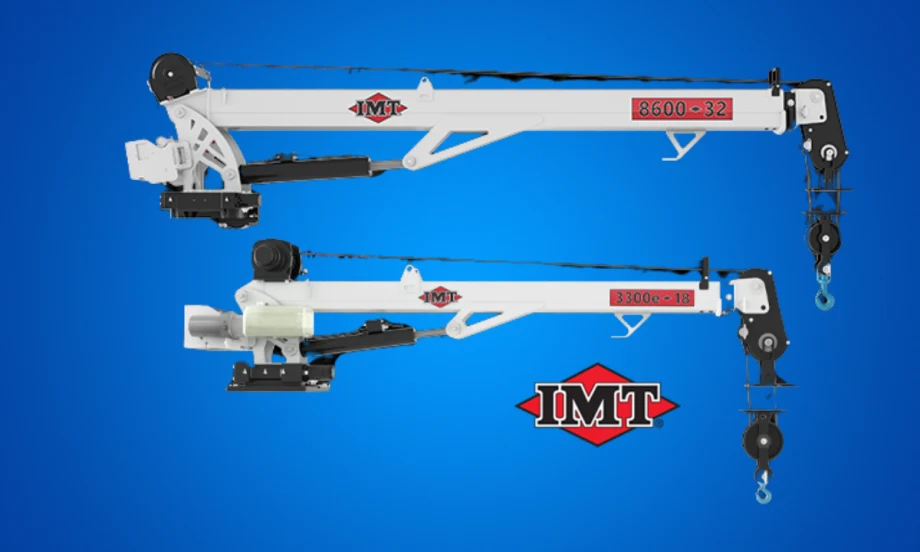 Two white service cranes in front of a blue background and a logo for IMT.