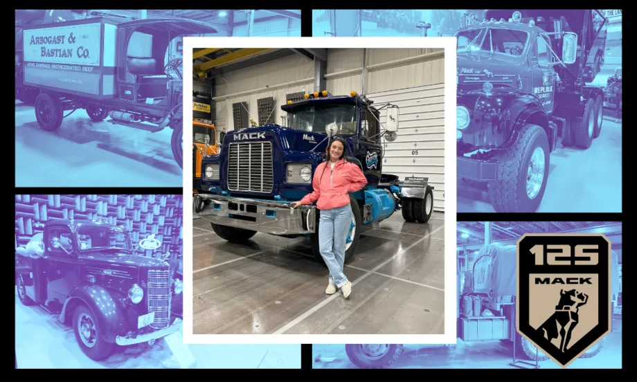 Woman standing in front of a blue Mack truck set against a background collage of other historic trucks.