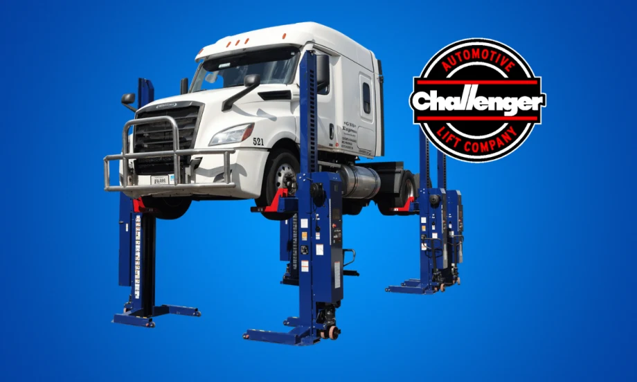 Semi truck hoisted into the air by four-column automotive lift against a blue background with logo for Challenger Lifts.