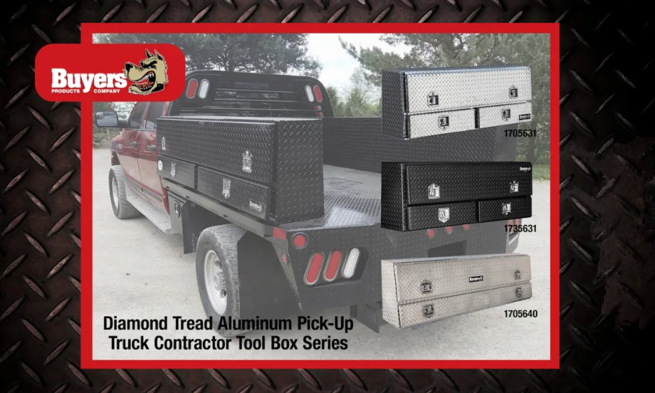 Image of work truck equipped with tool boxes and additional inset images of truck tool boxes.