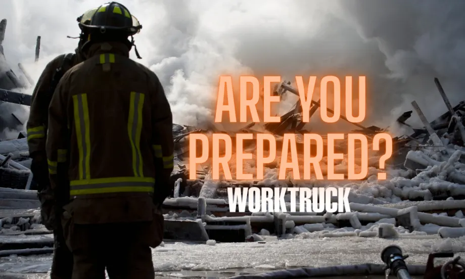 Firefighter in front of an extinguished fire that says "Are You Prepared?"