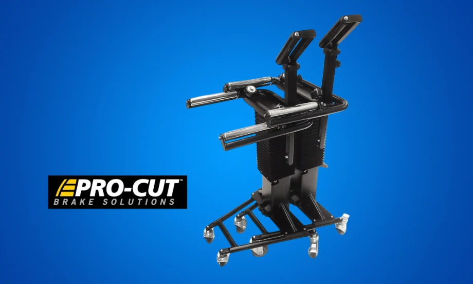 Tire trolly against a blue background with logo for Pro-Cut.
