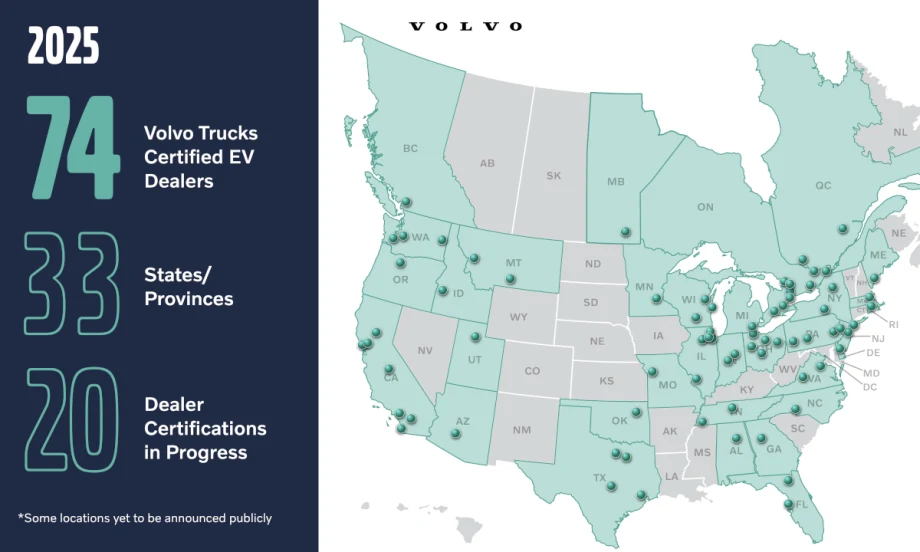 Map of North America showing Volvo Trucks dealers that are EV certified.