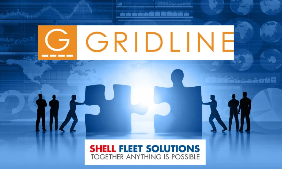 Blue tinted image of figures pushing pieces of a puzzle together and logos for Gridline and Shell Fleet Solutions.