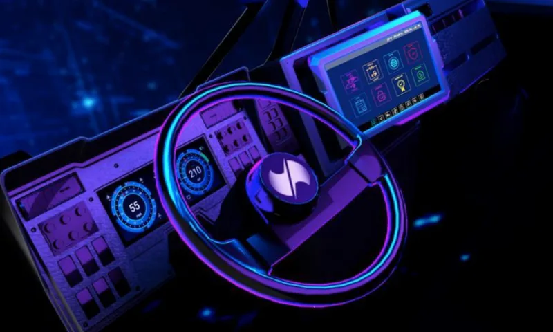 Interior of truck cab with electronic gages and touch screen.