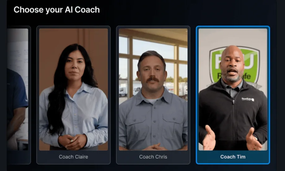 Images of three AI-generated people inset against a black background and text at the top that says Choose Your AI Coach.