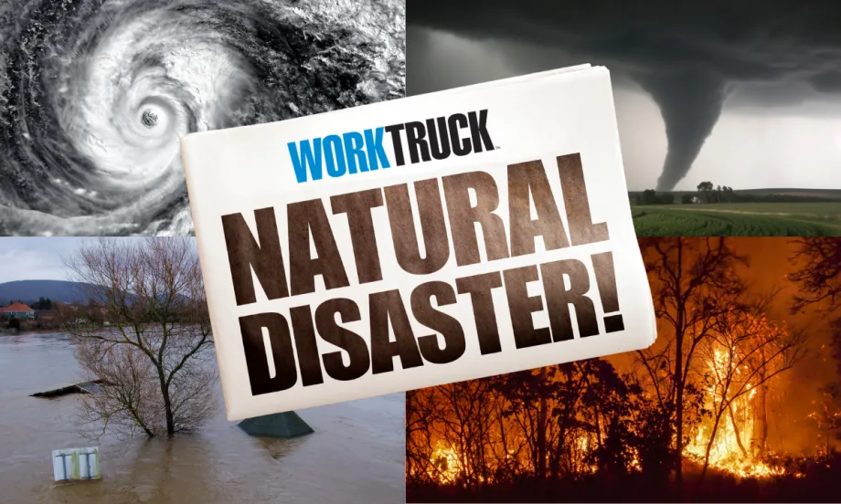 Four natural disasters - hurrican, tornado, flood, and wildfire - with newspaper and big NATURAL DISASTER headline