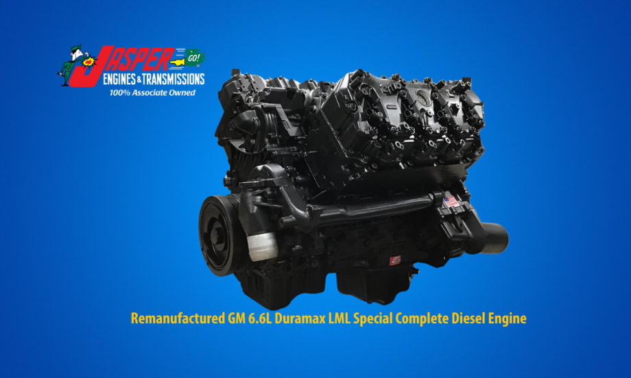 Diesel engine against a blue background and company logo for Jasper Engines & Transmission.