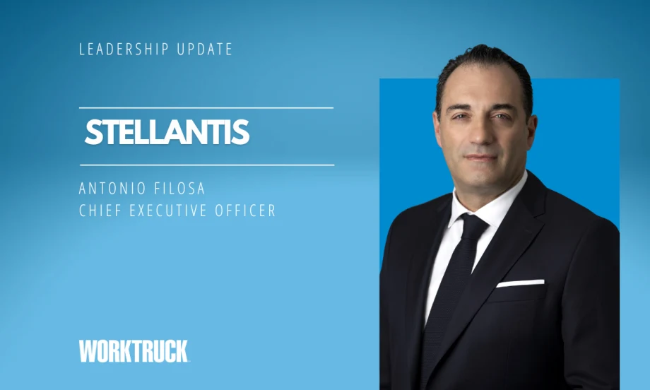Man in business attire against a blue background with white headline text that says Stellantis and his name.