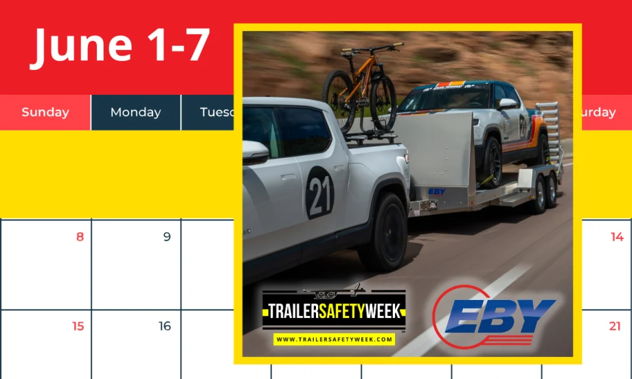 truck towing a trailer with a race car set against background of a calendar and June 1-7 in large print.