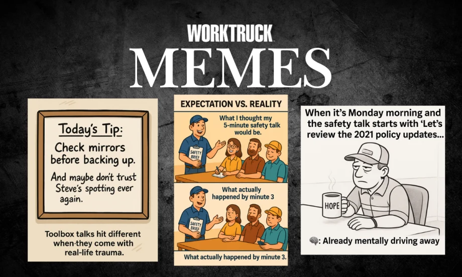 Three illustrated fleet safety memes including a whiteboard joke about Steve, an expectation vs. reality safety talk panel, and a tired driver holding a coffee mug labeled “Hope.”