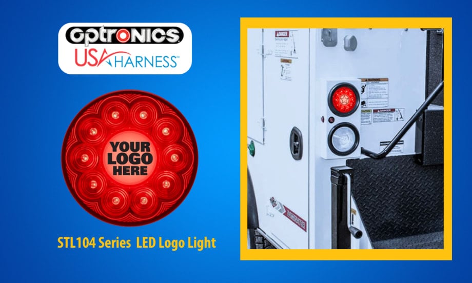 Inset photo of a tail light on a work truck, cut out image of a custom tail light to the left, set against a blue background and a logo for Optpronics.