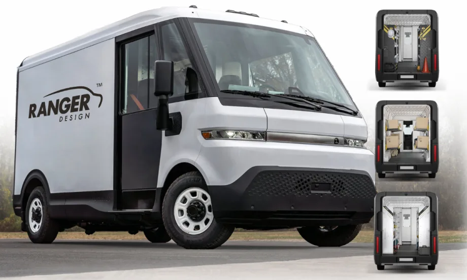 Curated Ranger Design upfit package for Chevrolet BrightDrop electric vans with shelving and storage systems installed in a commercial EV workspace.