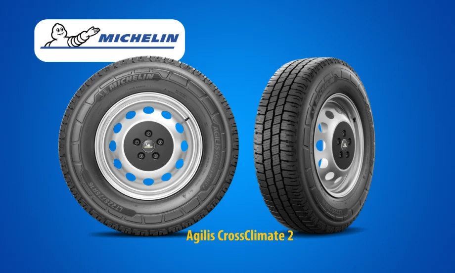 Two tires against a blue background and an inset logo for Michelin.