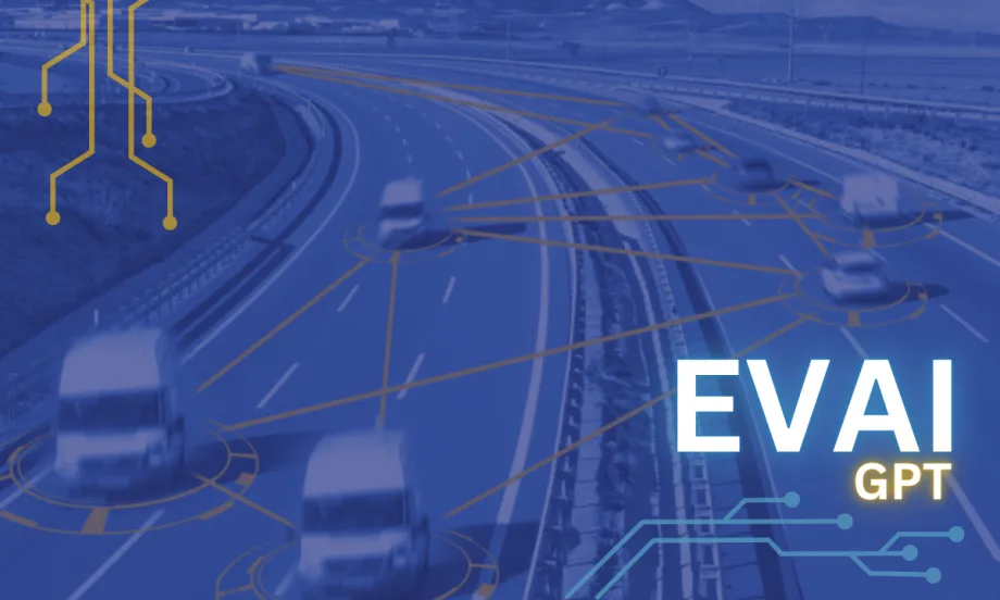 Highway with multiple connected commercial vehicles, overlaid with digital network lines and target indicators, representing EVAI GPT fleet AI integration.